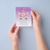 バジェットピンクグリッターユニコーンガールズ誕生日招待状 チラシ (手)