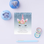 バジェットピンクグリッターユニコーンガールズ誕生日招待状 チラシ (シングル)