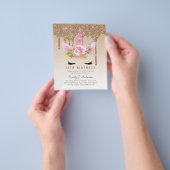 バジェットピンクグリッターユニコーンガールズ誕生日招待状 チラシ (手)