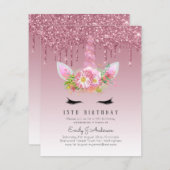 バジェットピンクグリッターユニコーンガールズ誕生日招待状 招待状 (正面/裏面)