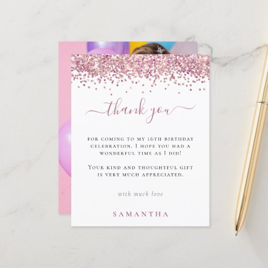 バジェットピンクグリッター写真甘い16ありがとう (正面/裏面インサイチュ)