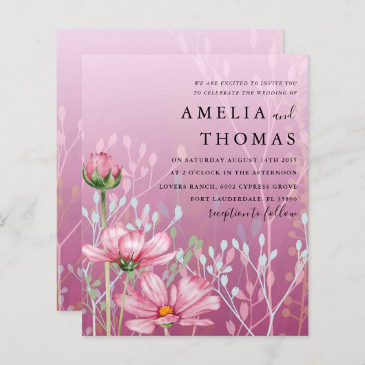 バジェットピンクグリーズ&リーフ結婚式招待状 (正面/裏面)