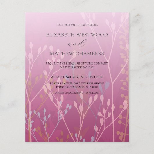 バジェットピンクグリーズ&リーフ結婚式招待状 (正面)