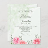 バジェットピンクグリーンバラフローラ結婚式招待状 (正面/裏面)