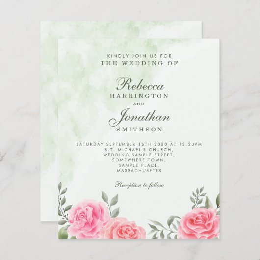 バジェットピンクグリーンバラフローラ結婚式招待状 (正面/裏面)