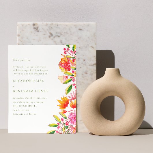 バジェットピンクグリーンフローラ結婚式招待状