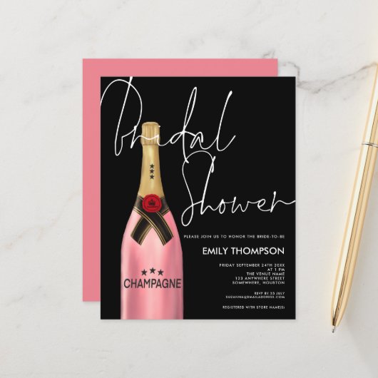 バジェットピンクシャンパンスクリプトブラックブライダルシャワー (正面/裏面インサイチュ)