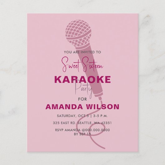 バジェットピンクスイート16カラオケパーティの招待状 (正面)