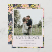 バジェットピンクネイビーフローラ写真Save The Date Card (正面/裏面)