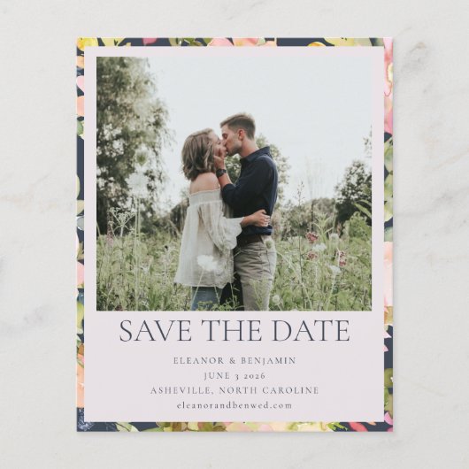 バジェットピンクネイビーフローラ写真Save The Date Card (正面)