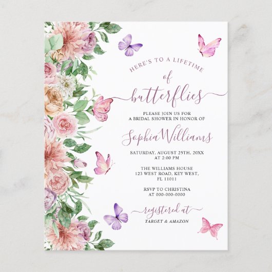 バジェットピンクバタフライブライダルシャワー招待 (正面)