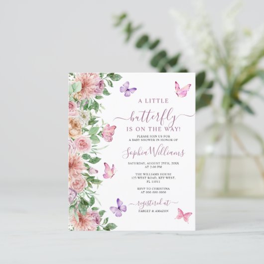 バジェットピンクバタフライベビーシャワー招待状 (スタンド正面)