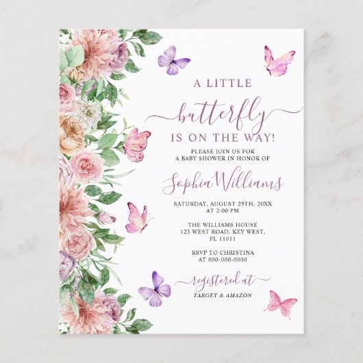 バジェットピンクバタフライベビーシャワー招待状 (正面)