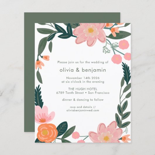 バジェットピンクバックヤードガーデンフラワーウェディング招待 (正面/裏面)