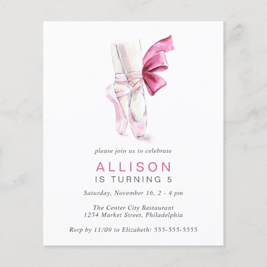 バジェットピンクバレエシューズ誕生日パーティーの招待状 (正面)