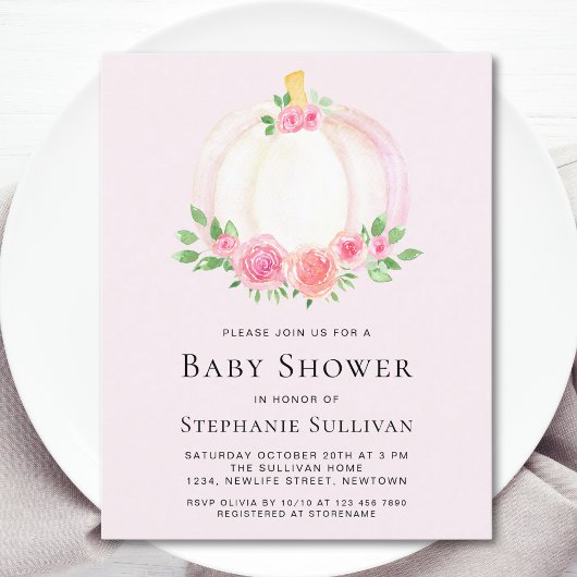 バジェットピンクパンプキンガールズベビーシャワー招待状