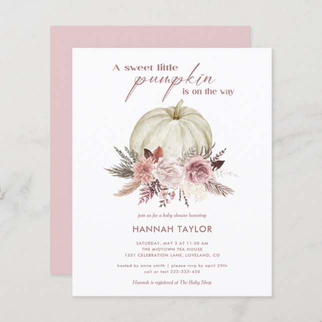 バジェットピンクパンプキンガールベビーシャワー招待状 (正面/裏面)