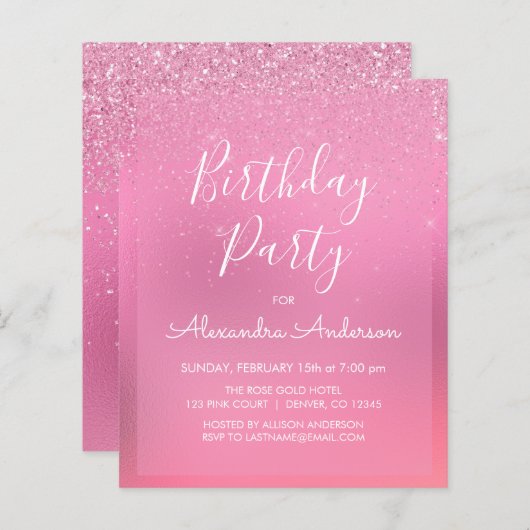 バジェットピンクフォイルガーリーグリッター任意の年齢誕生日 (正面/裏面)