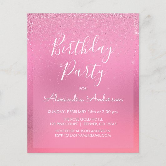 バジェットピンクフォイルガーリーグリッター任意の年齢誕生日 チラシ (正面)