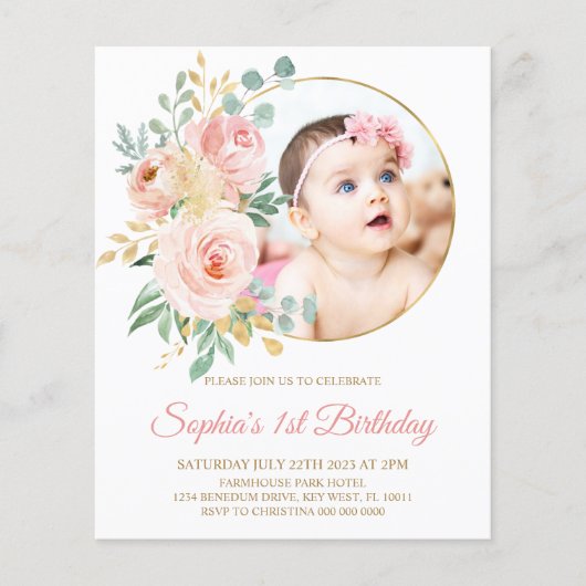 バジェットピンクフラワーズ&金ゴールドファースト誕生日招待状 (正面)