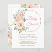 バジェットピンクフラワーズ&金ゴールドベビーシャワー招待状 (正面/裏面)