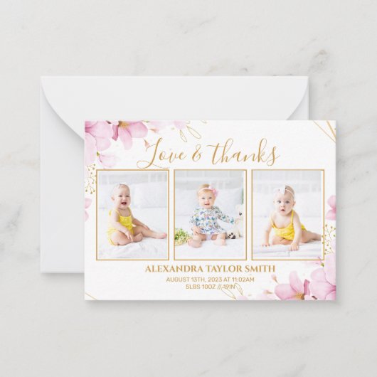 バジェットピンクフラワーフォトベビーサンキューカード ノートカード (正面)