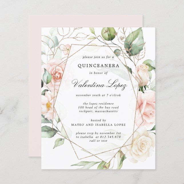 バジェットピンクフローラキンセアニェラパーティの招待状 (正面/裏面)