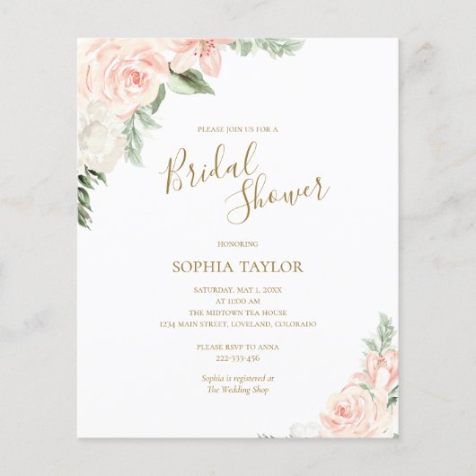 バジェットピンクフローラバジェットブライダルシャワー招待状 (正面)