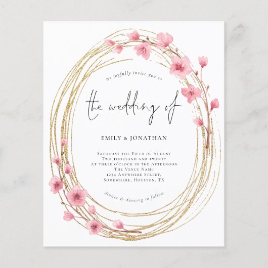 バジェットピンクフローラフレームスクリプト結婚式招待状 (正面)