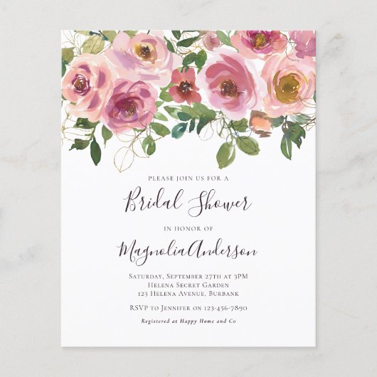 バジェットピンクフローラブライダルシャワー招待 (正面)