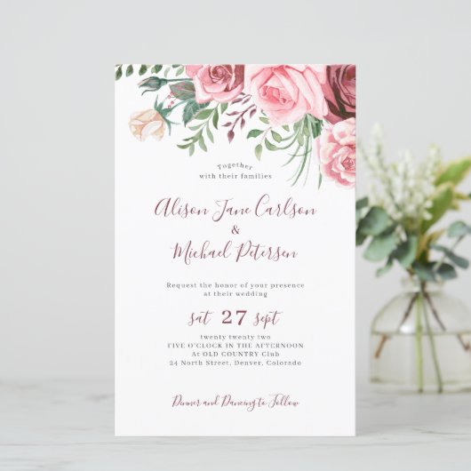 バジェットピンクフローラ水彩結婚式招待状 (スタンド正面)