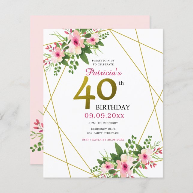 バジェットピンクフローラ金ゴールドグリッター40th誕生日 (正面/裏面)