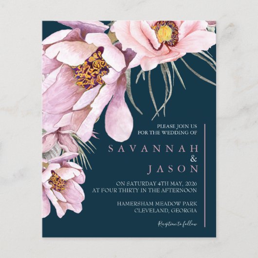 バジェットピンクフローラ開花結婚式招待状 (正面)