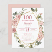 バジェットピンクフローラ100番目の誕生日招待状 (正面/裏面)