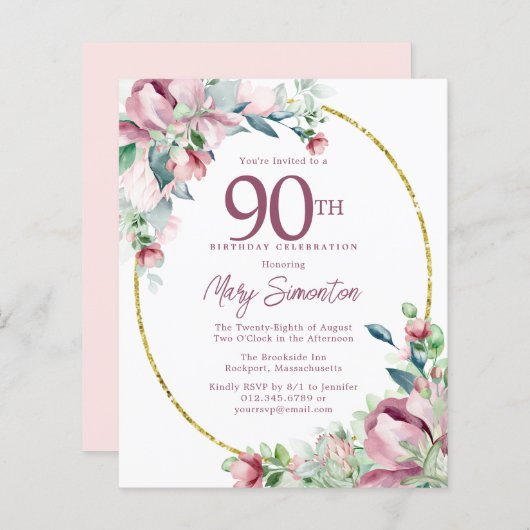 バジェットピンクフローラ90th誕生日招待状 (正面/裏面)