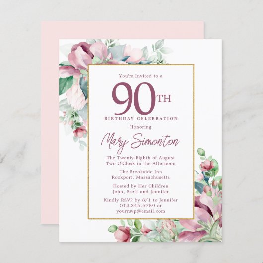 バジェットピンクフローラ90th誕生日招待状 (正面/裏面)