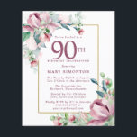 バジェットピンクフローラ90th誕生日招待状<br><div class="desc">90thエレガントバースデーパーティーの招待テンプレートは、金ゴールドフレームと2つの赤面ピンクのバラの配列を備えている。すべての文字が編集可能。</div>