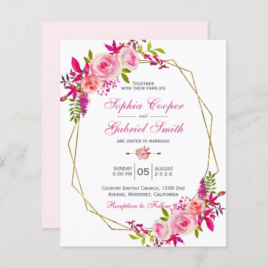 バジェットピンクフローラ |金ゴールドフレーム結婚式招待状 (正面/裏面)