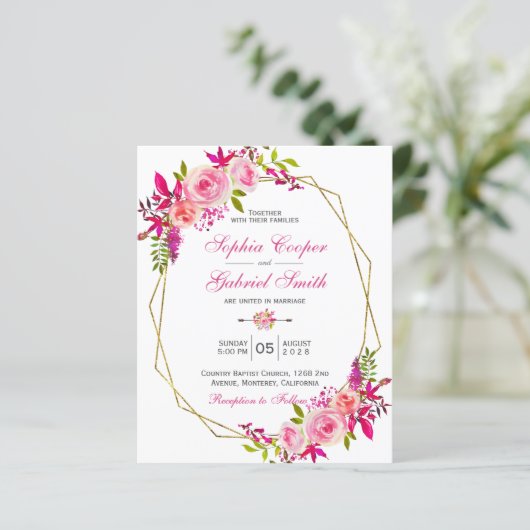 バジェットピンクフローラ |金ゴールドフレーム結婚式招待状 (スタンド正面)