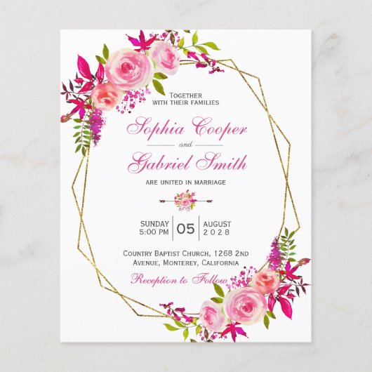 バジェットピンクフローラ |金ゴールドフレーム結婚式招待状 (正面)