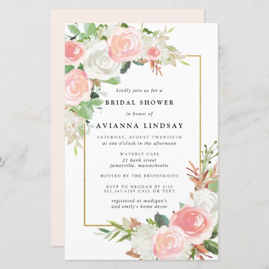 バジェットピンクホワイトフローラブライダルシャワー招待 (正面/裏面)