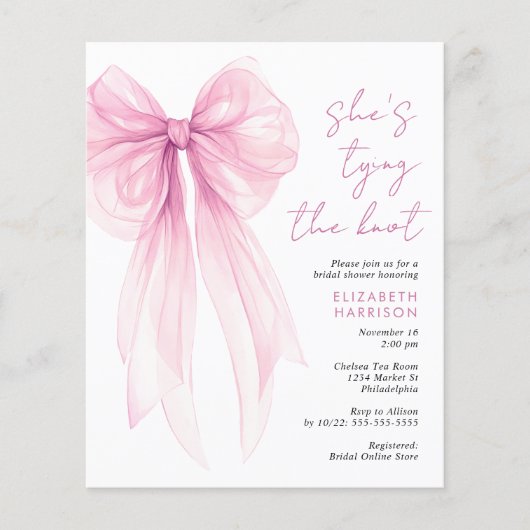 バジェットピンクボウウォーター色ブライダルシャワー招待状 (正面)