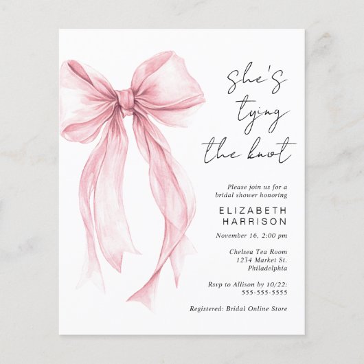 バジェットピンクボウウォーター色ブライダルシャワー招待状 (正面)