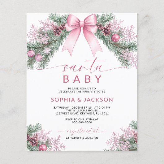 バジェットピンクボウクリスマスサンタベビーシャワー招待状 (正面)