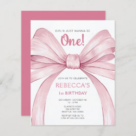 バジェットピンクボウコケットファースト誕生日招待状