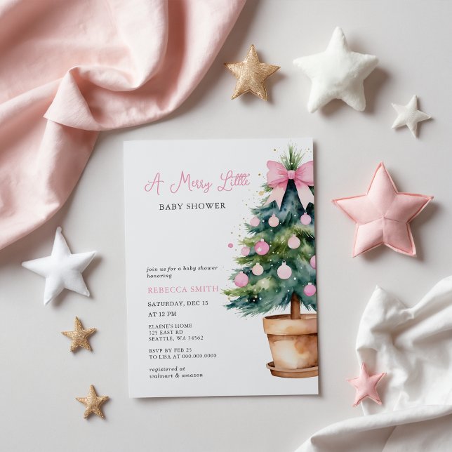 バジェットピンクボウメリークリスマスリトルベイビーシャワー (Budget Pink Bow Christmas Merry Little Baby Shower Invitation)