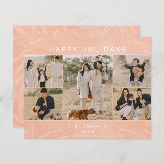 バジェットピンクボタニカル5フォトコラージホリデーカード (正面/裏面)