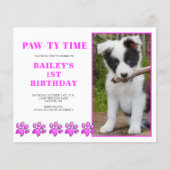 バジェットピンクポーティタイムドッグ誕生日招待状 (正面)