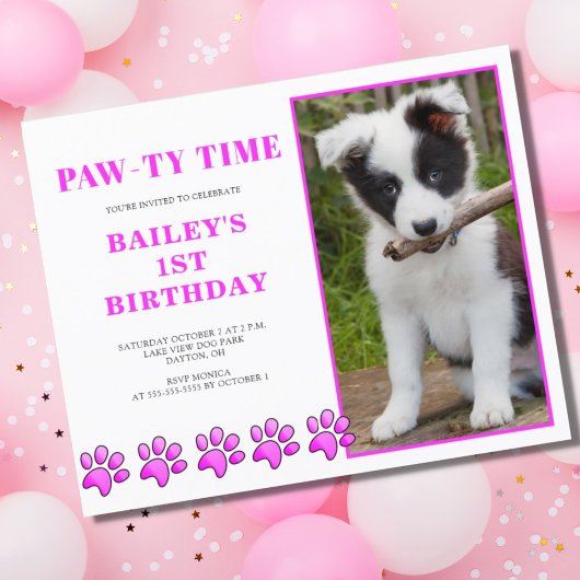 バジェットピンクポーティタイムドッグ誕生日招待状