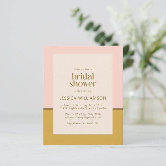 バジェットピンクマスタードジオメトリックブライダルシャワー招待状 (スタンド正面)